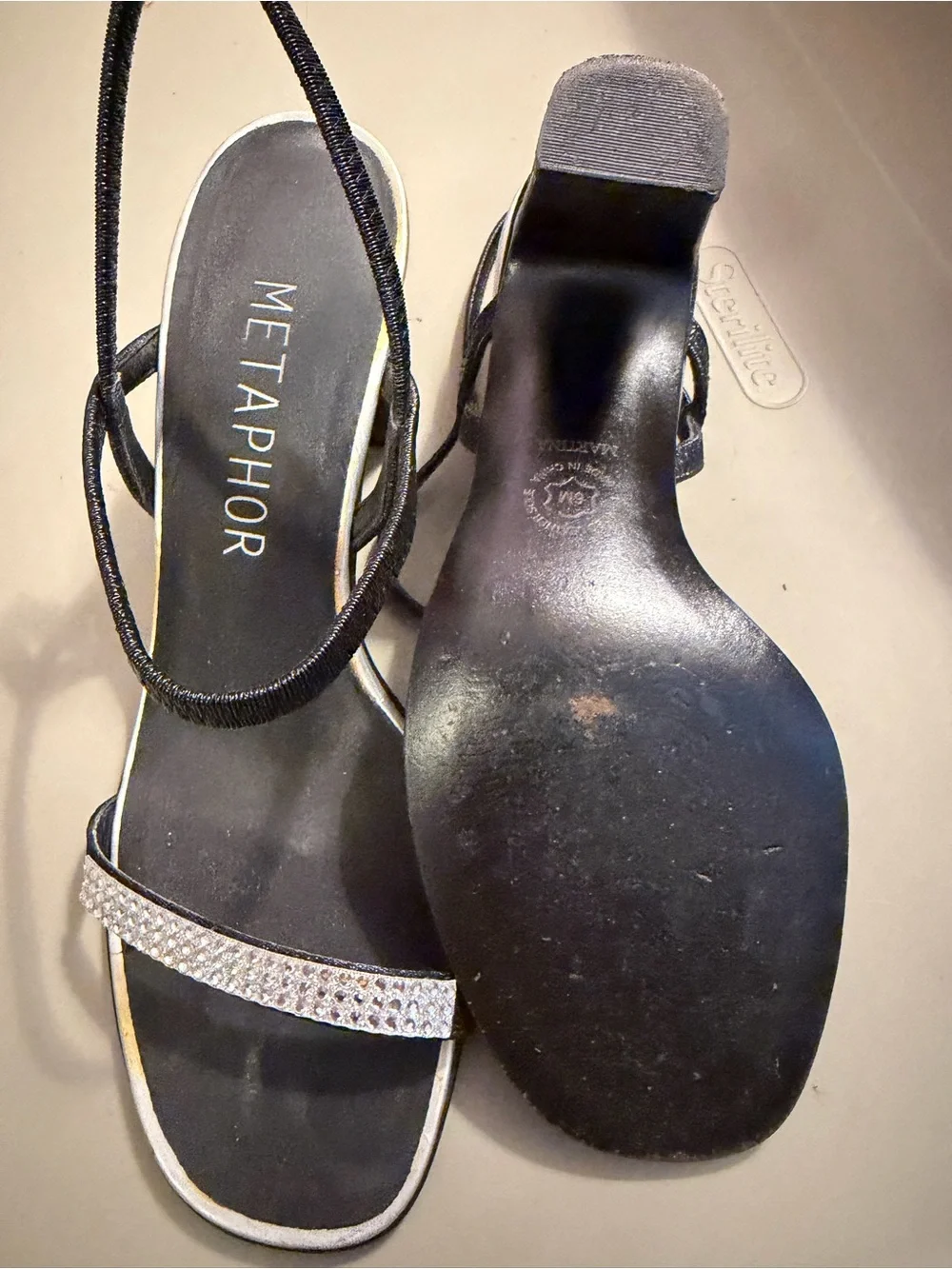 Metaphor Black Slingback Sandals with Sparkling Crystal Toe Strap